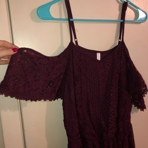 Maroon cold shoulder romper with pockets
